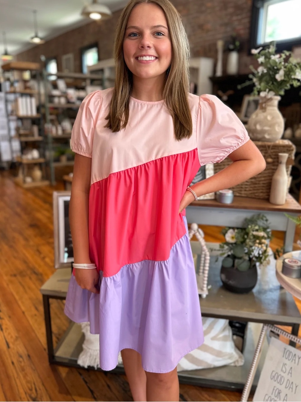 First Love Pink, Coral & Lavender Colorblock Puff-Sleeve Dress